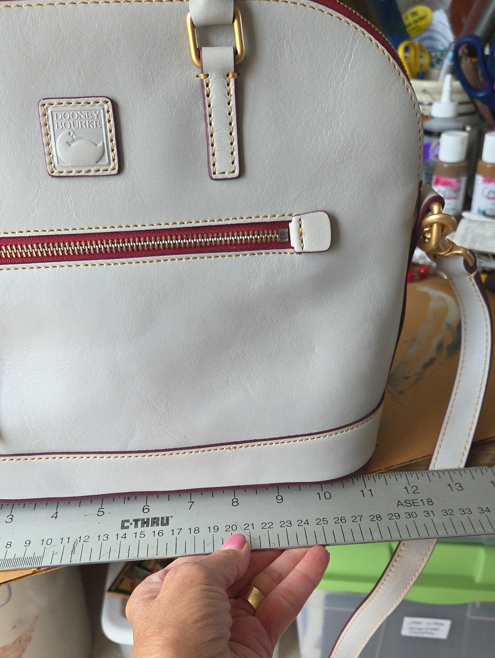 Dooney & Bourke Cream Leather Satchel with Red Trim - Picture 9 of 13